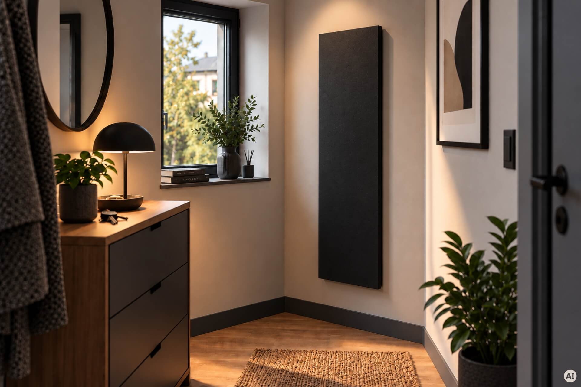 schmale Infrarotheizung ISP-Bi schwarz (400mm Höhe) mit Funkempfänger und Funkthermostat