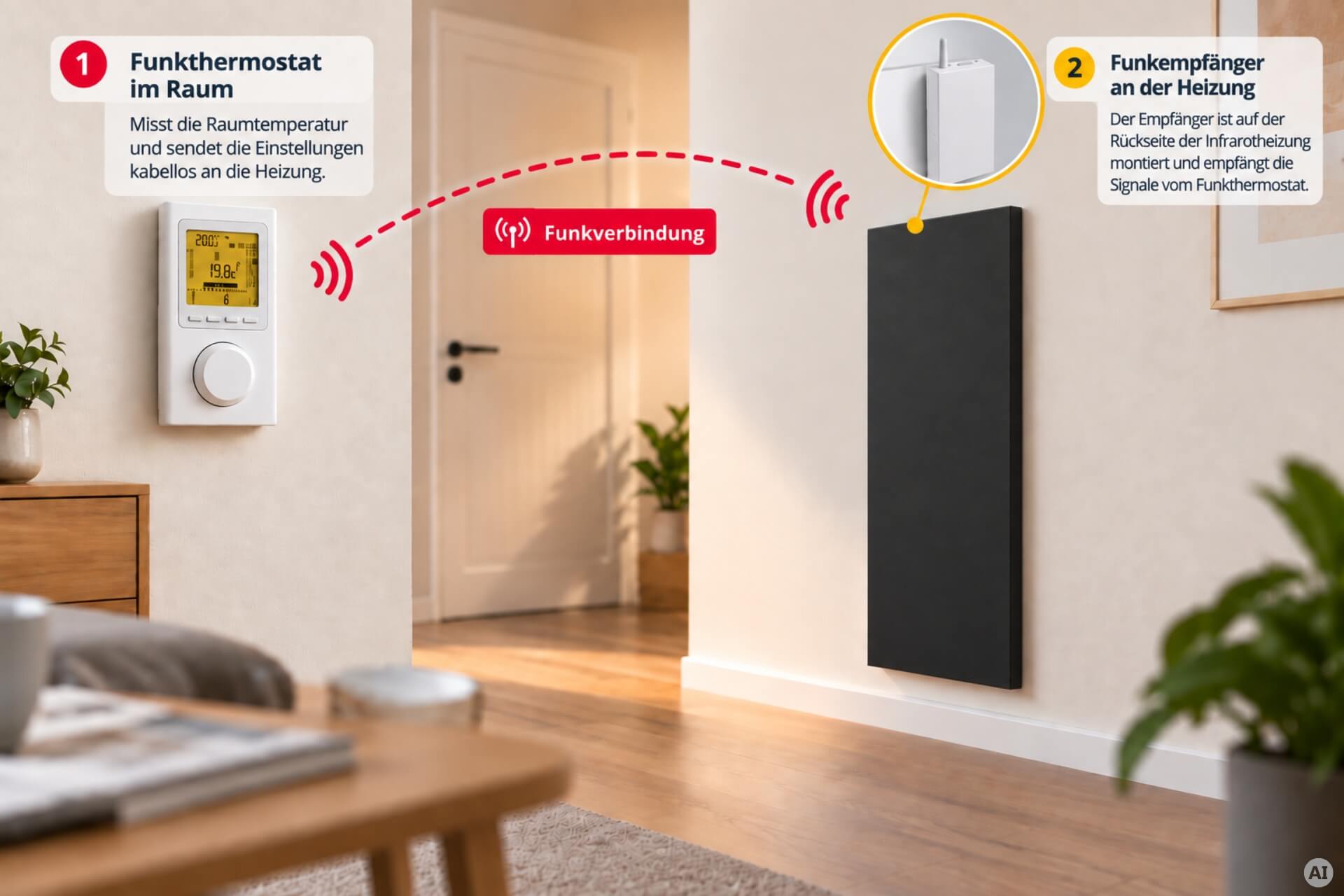 schmale Infrarotheizung ISP-Bi schwarz (400mm Höhe) mit Funkempfänger und Funkthermostat