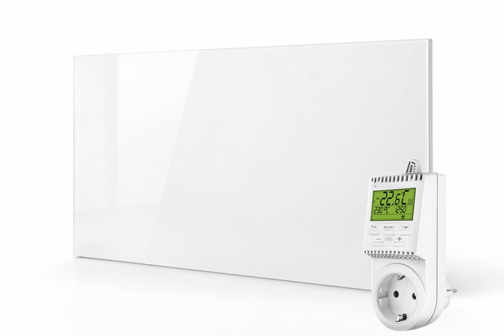 Infrarotheizung Slim-Line aus Glas weiß mit Steckdosenthermostat TS30