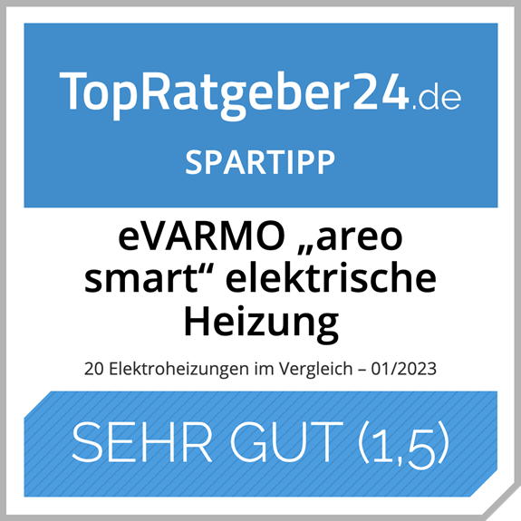 Testurteil SERH GUT für eVARMO Flächenspeicherheizung areo smart im Elektroheizung Vergleich 2023 von TopRatgeber24.de