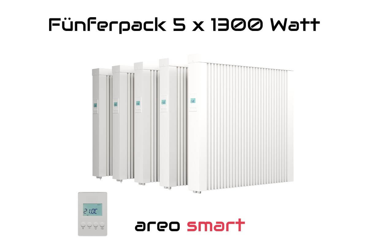 Fünferpack 5 x areo smart 1300 W Flächenspeicherheizung