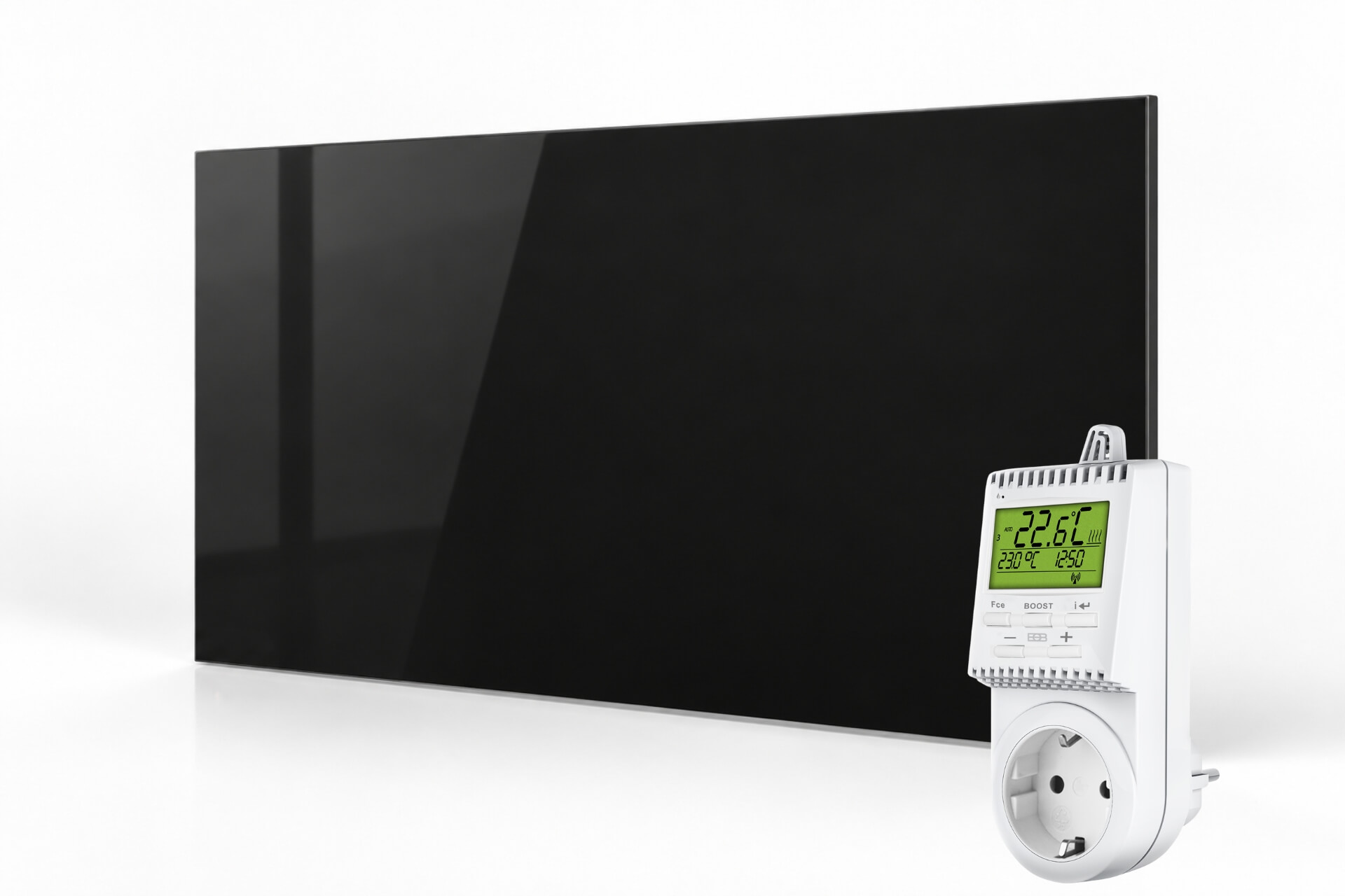 Infrarotheizung Slim-Line aus Glas schwarz mit Steckdosenthermostat TS30