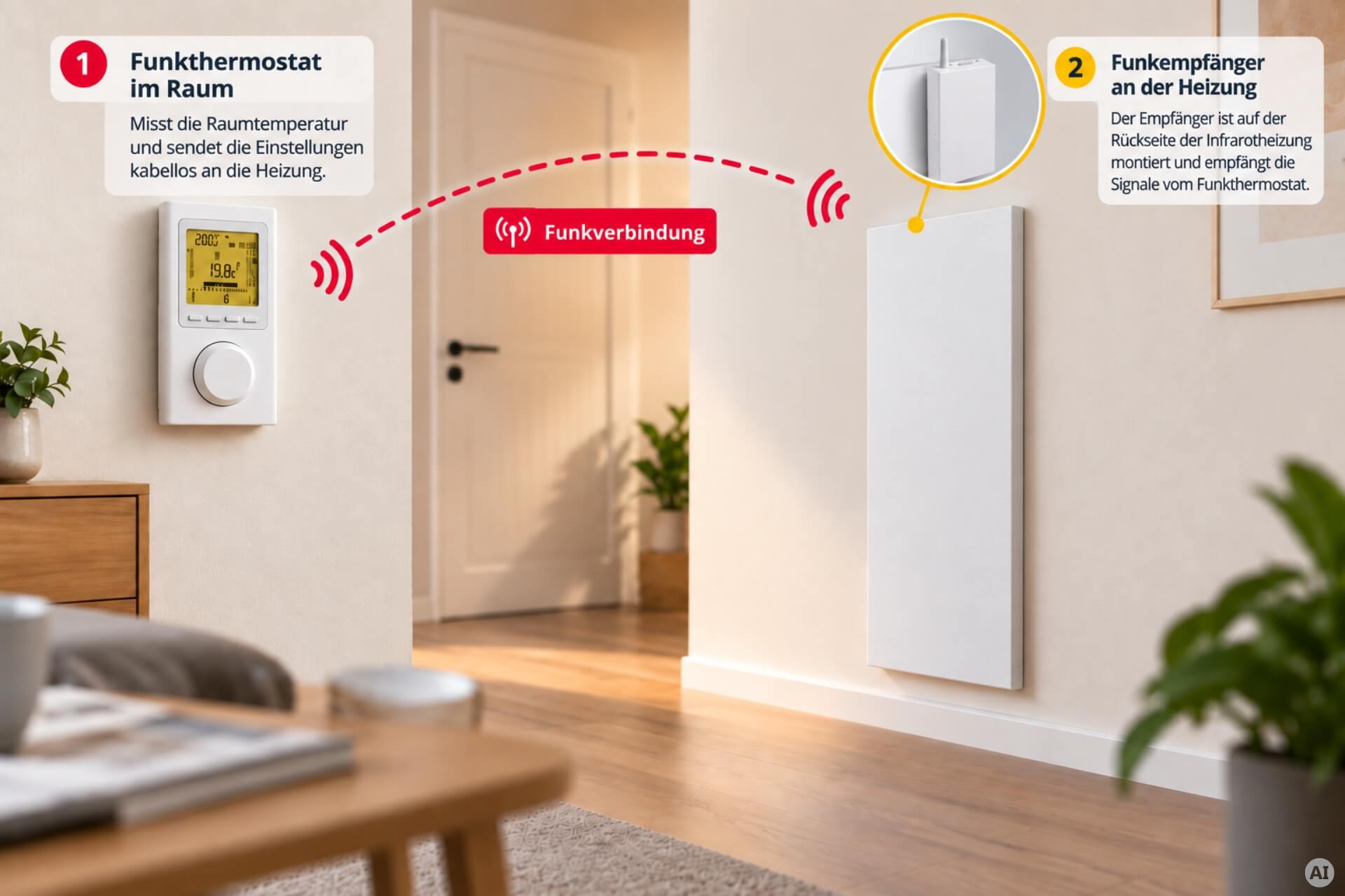 schmale Infrarotheizung ISP-Wi weiß (400mm Höhe) mit Funkempfänger und Funkthermostat