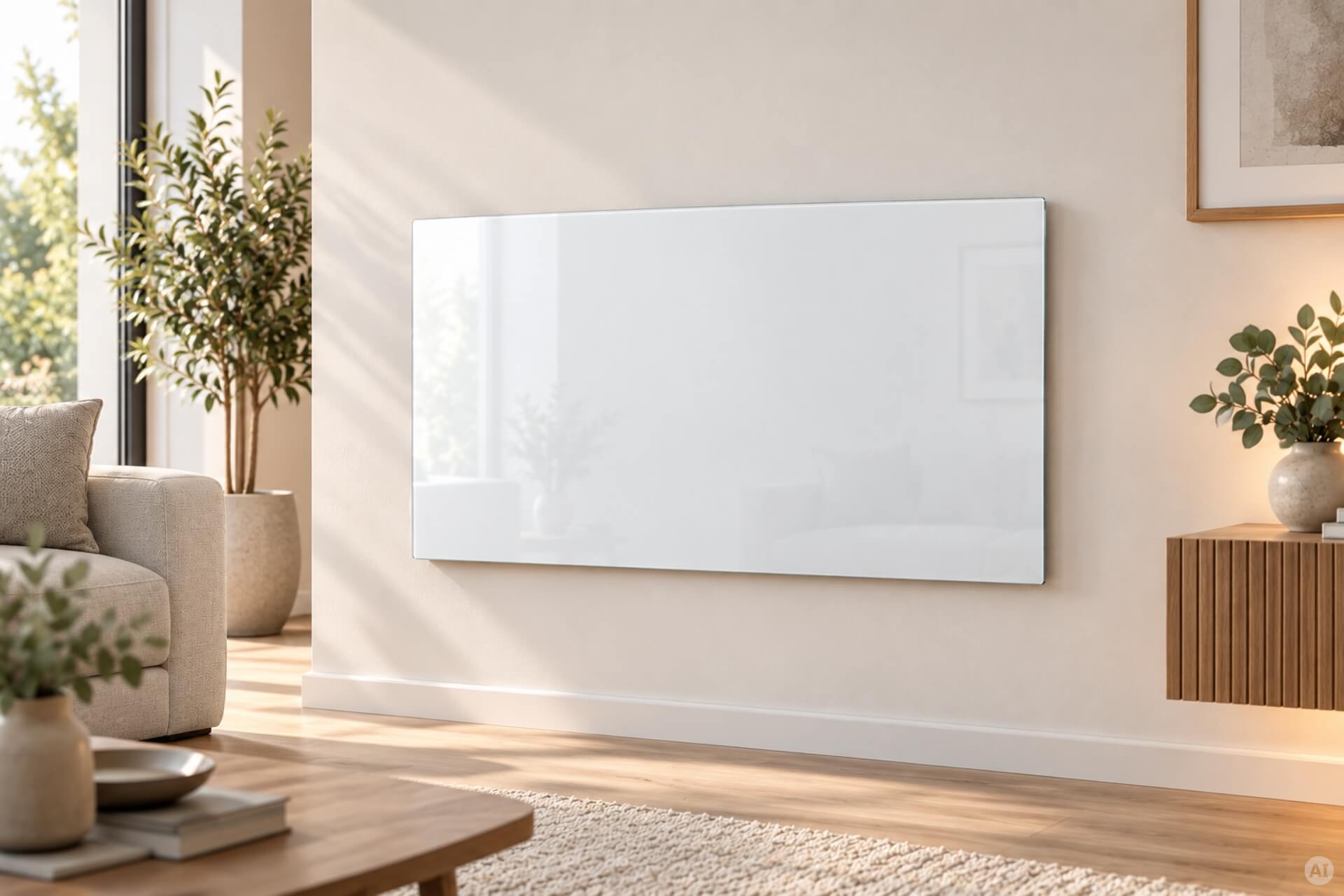 Infrarotheizung Slim-Line aus Glas weiß mit Steckdosenthermostat TS30
