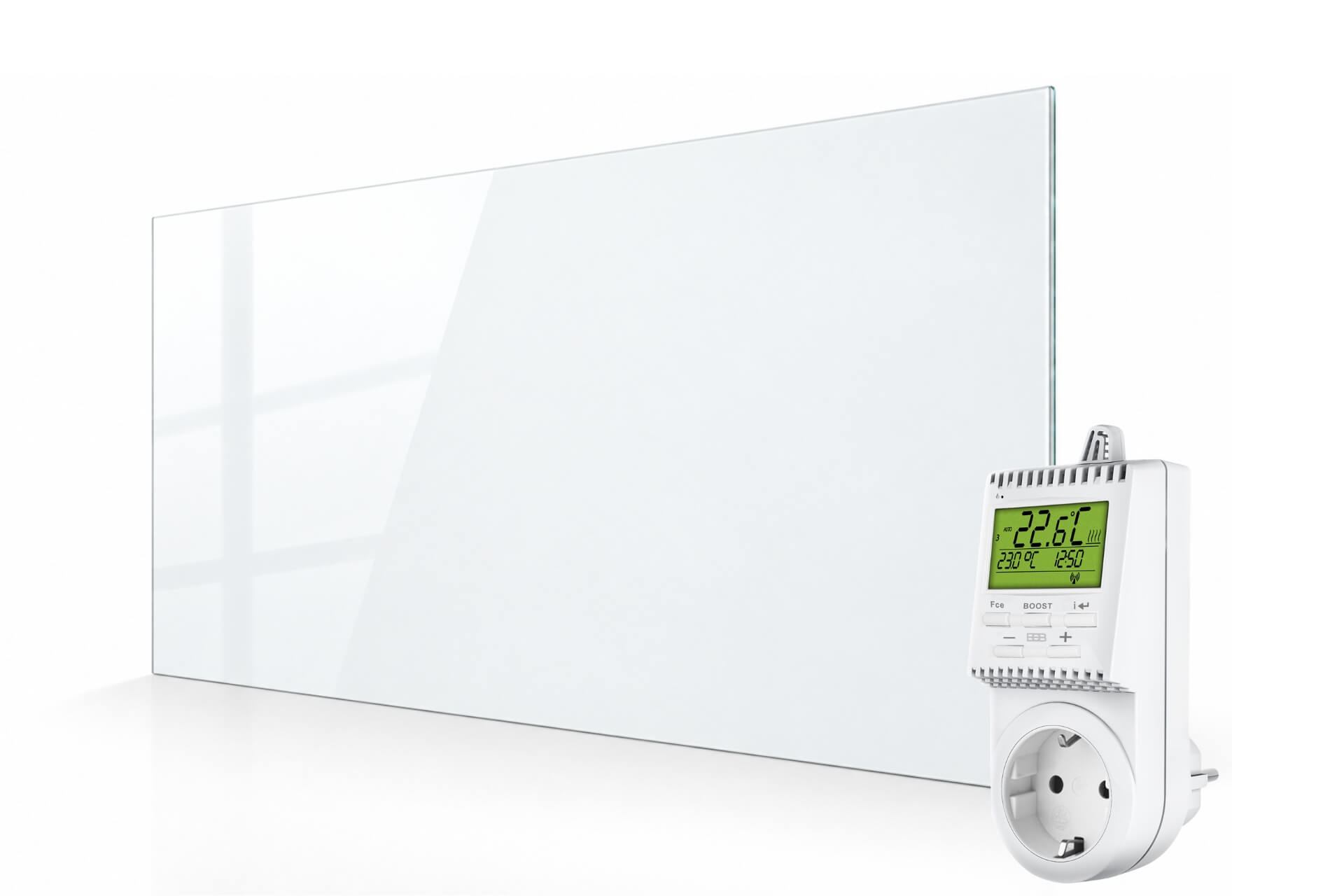 Infrarotheizung Slim-Line aus Glas weiß mit Steckdosenthermostat TS30