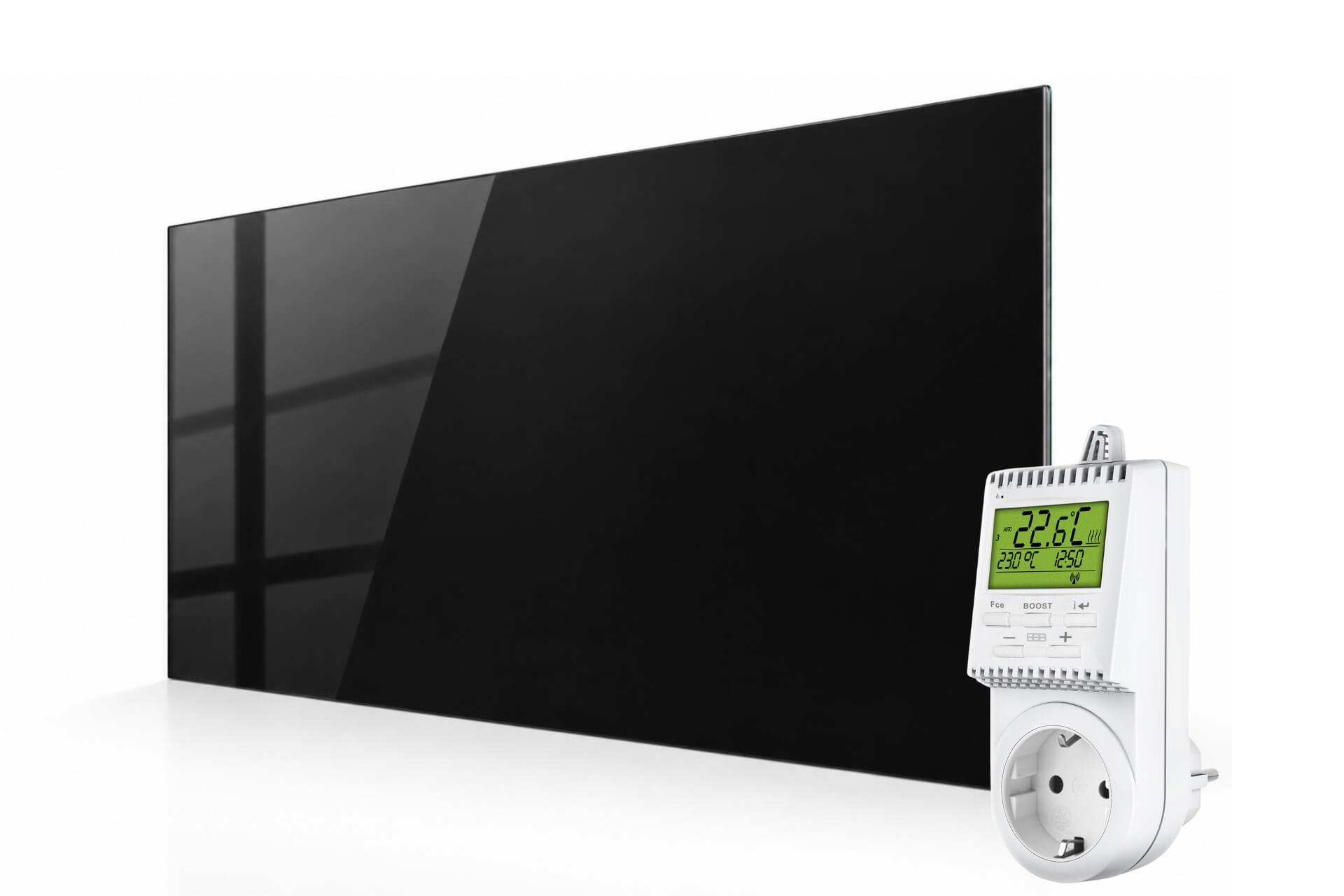 Infrarotheizung Slim-Line aus Glas schwarz mit Steckdosenthermostat TS30